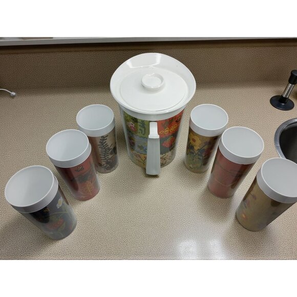 vintage 1970s west bend thermoserv plastic pitcher and 6 drinking cups ((list on - Picture 3 of 7